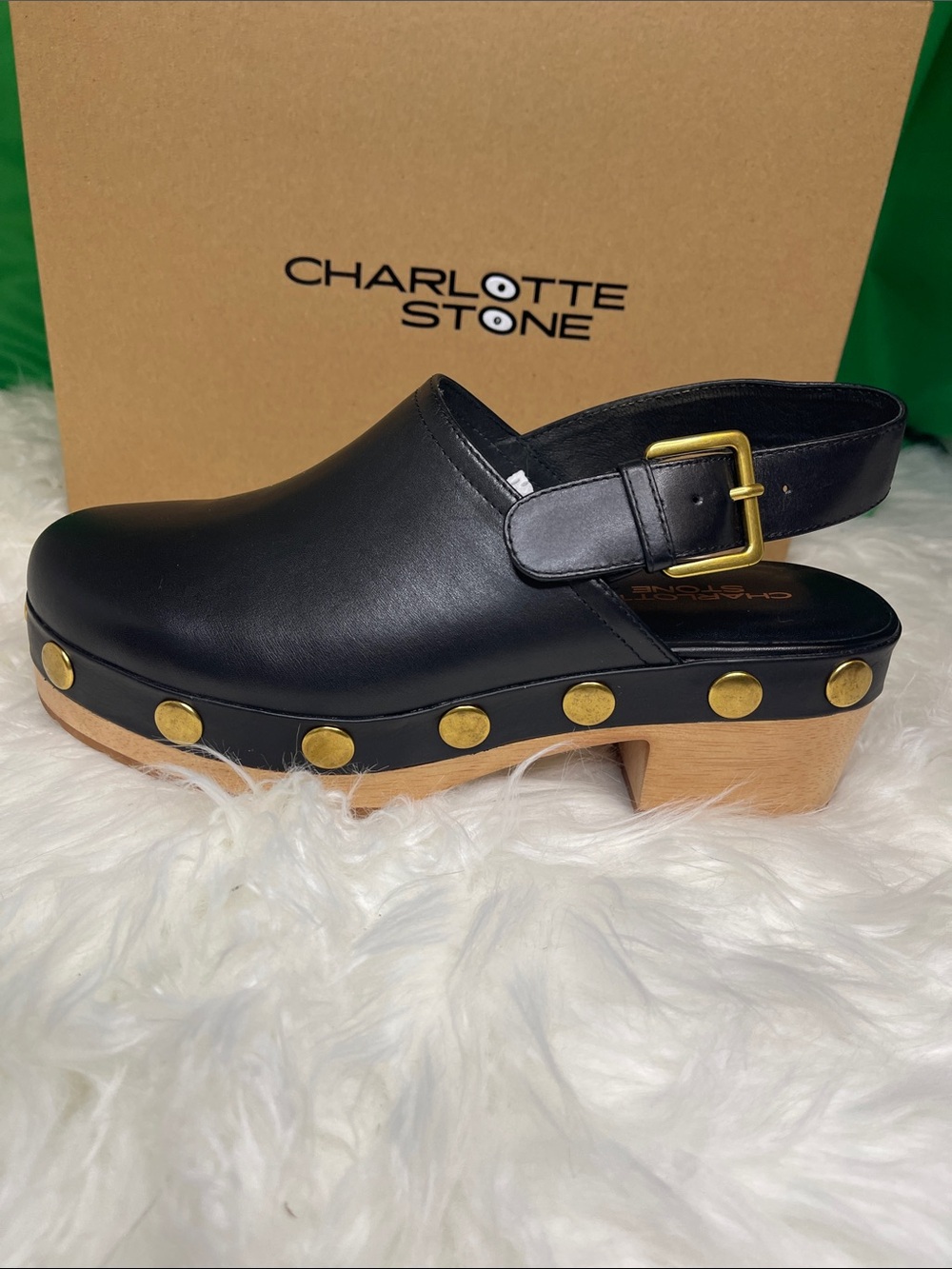 Charlotte Stone Jona Black Leather Studded Slingback Platform Clogs-w/box & tote - Picture 7 of 14